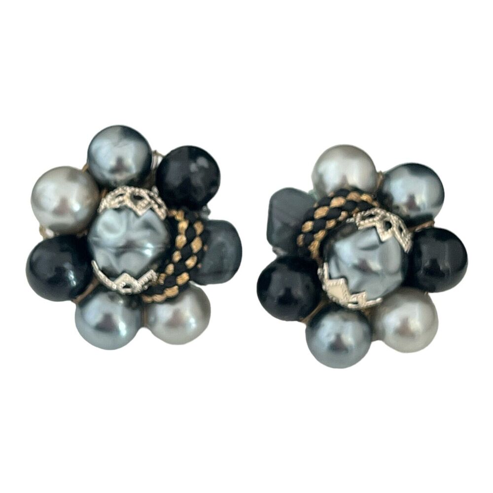 Vintage 1950s Japan Black Gray Faux Pearl Cluster Earrings Clip Ons - 5D